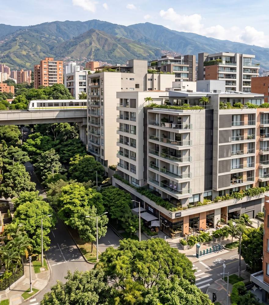 Green low-rise apartment buildings among trees in El Poblado, Medellín