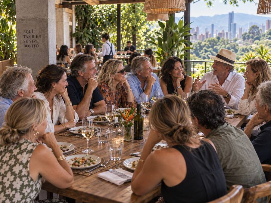 A long shared lunch table at a restaurant in Medellín