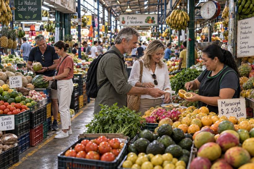 Travelers buying tropical fruit at a Medellín market