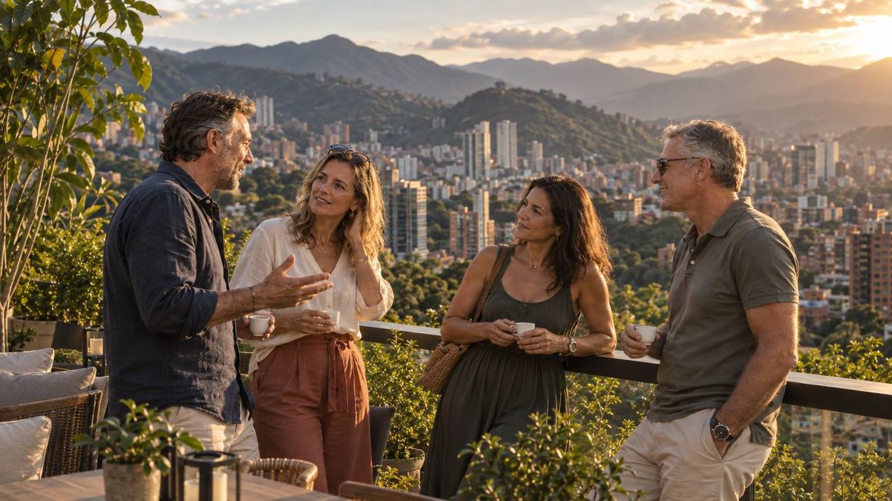 Travelers talking on a terrace above the Medellín valley at sunset