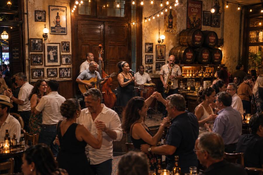 A live salsa band playing while couples dance in a Medellín bar