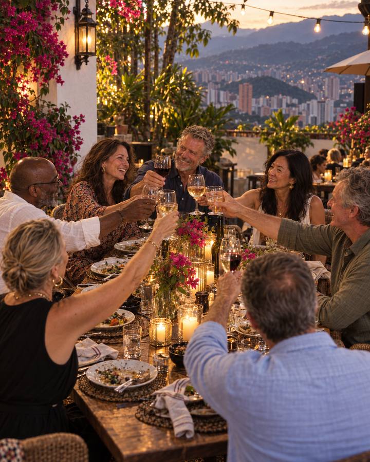 The cohort raising a toast at a long table above the Medellín valley at sunset